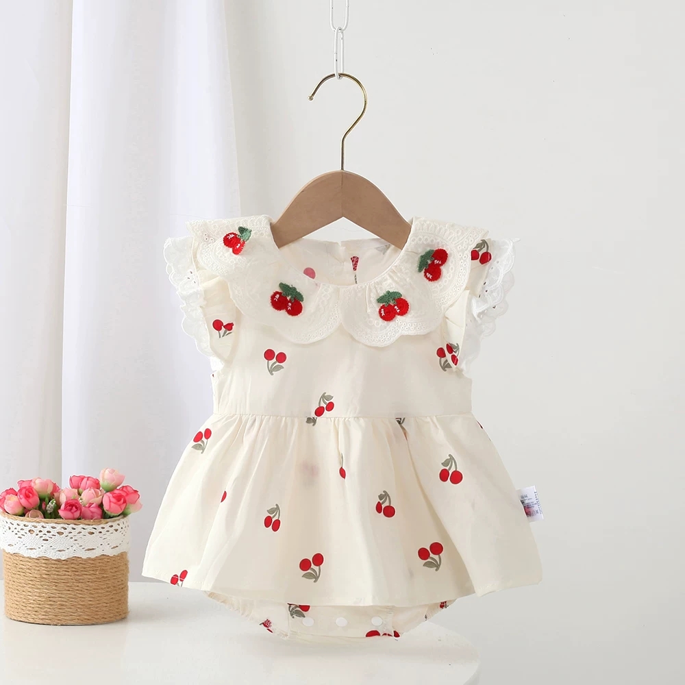 Baby Clothing Online - Zomer pasgeboren babymeisjeskleding kanten kersen jumpsuit